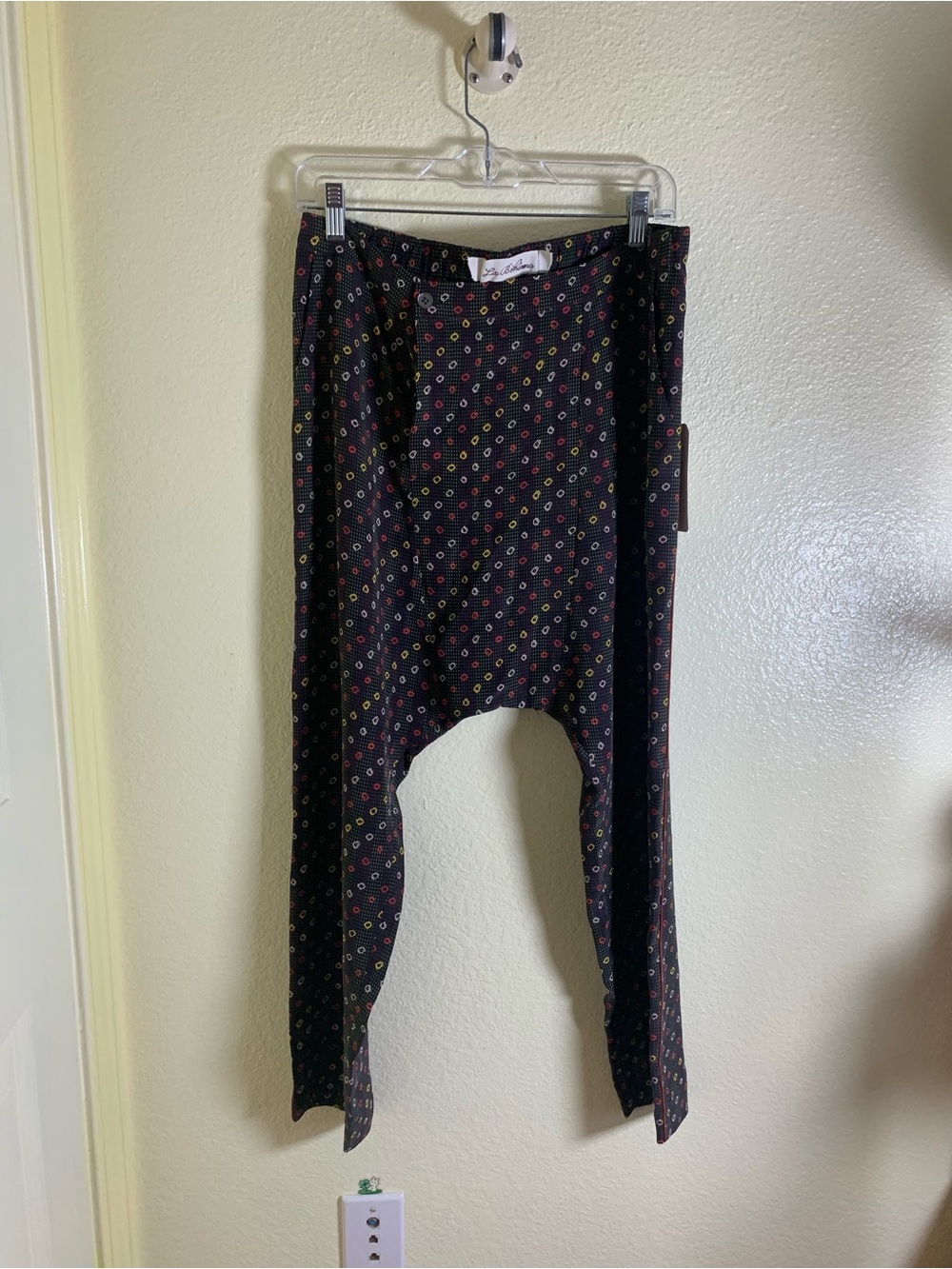 NWT La Boheme Black Harem Pants with Multicolor Dot Print, Size M